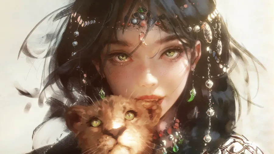4k 梦幻少女抱小狮头饰闪耀绿眸温柔神情唯美画风光影细腻 - 4K - 静态电脑壁纸 - 国风