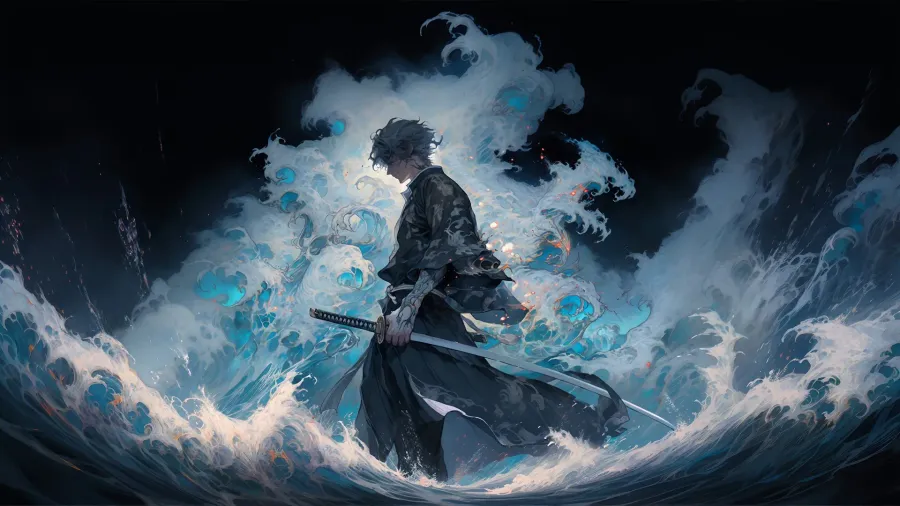 4k 浪中剑客墨衣踏潮，深蓝与白浪交织的奇幻夜景，手持长刀孤傲立于滔天巨浪之巅，水墨风格渲染出神秘而震撼的东方武侠意境 - 4K - 静态电脑壁纸 - 国风