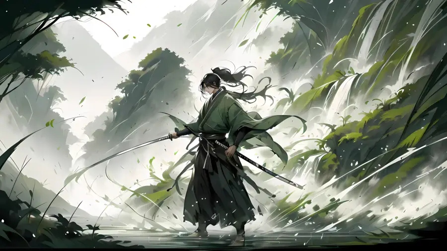 水墨意境的绿衣剑客立于瀑布之下，飘带飞舞间尽显古风侠气 4k - 4K - 静态电脑壁纸 - 国风