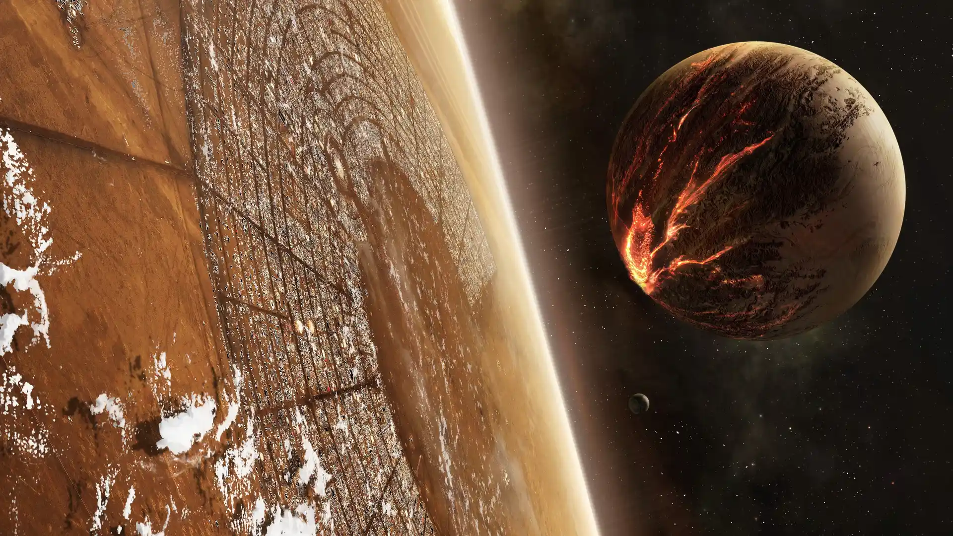 火星与火卫一在宇宙中的壮丽景象展现了红色星球和白色卫星的神秘魅力以及深邃的太空背景呈现出一种令人叹为观止的视觉效果 8k - 8K - 静态电脑壁纸 - 星空
