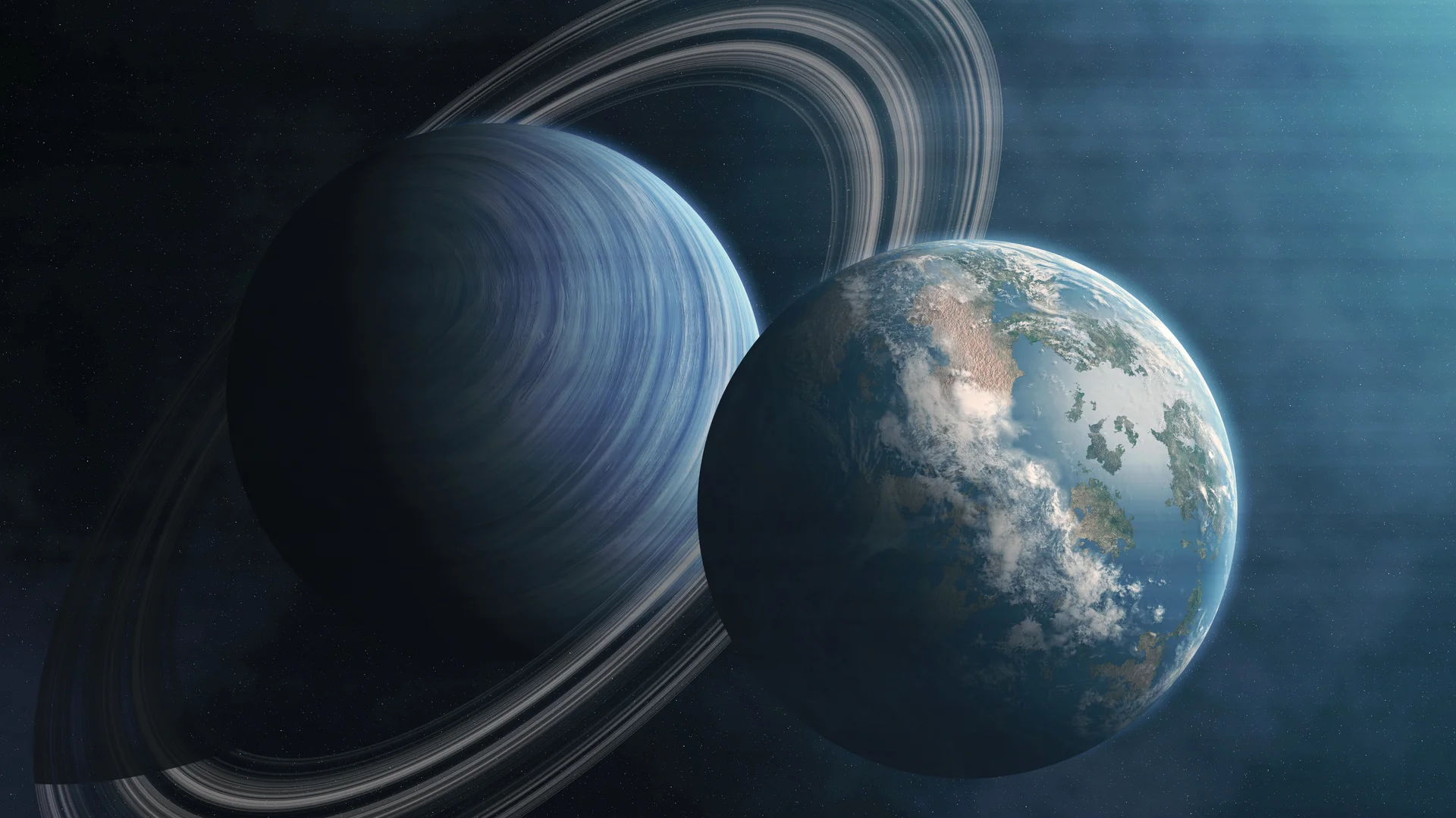在神秘的太空中探索那颗美丽的蓝色星球和壮观的土星景象感受宇宙的深邃与自然的魅力 8k - 8K - 静态电脑壁纸 - 星空