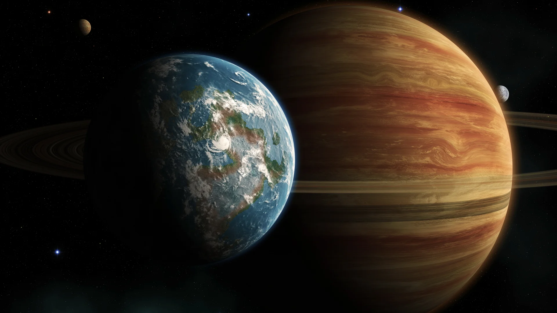 地球与木星在太空中相映生辉展现壮丽的星际景象仿佛置身于一个神秘而美丽的宇宙之中让人感受到自然的伟大和和谐的魅力8k - 8K - 静态电脑壁纸 - 星空