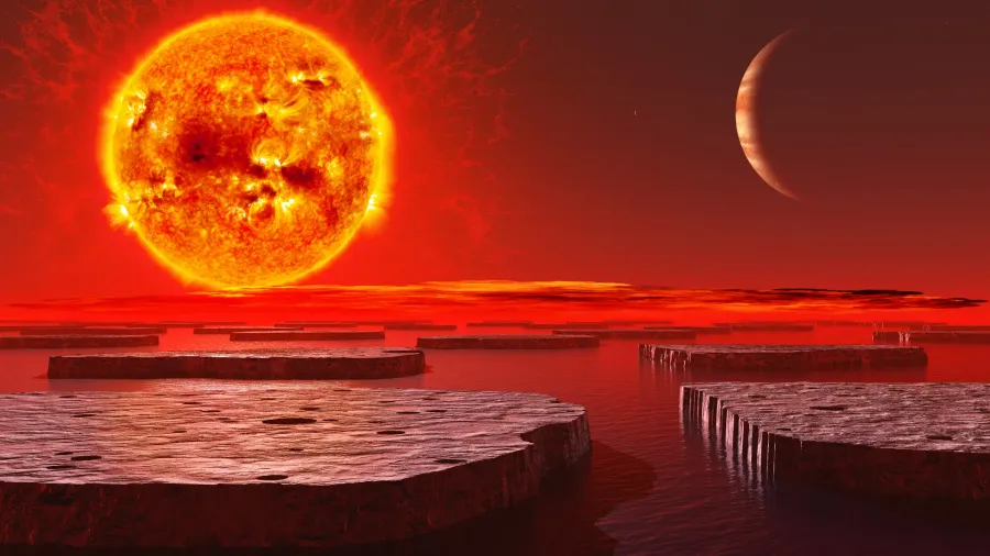 在红色星球的壮丽景色下巨大的太阳和神秘的星球共同构成了一幅令人叹为观止的科幻画面仿佛置身于另一个世界之中这幅图像以8k的超高分辨率呈现细腻入微地展现了每一个细节无论是火红的星球表面还是深邃的宇宙...